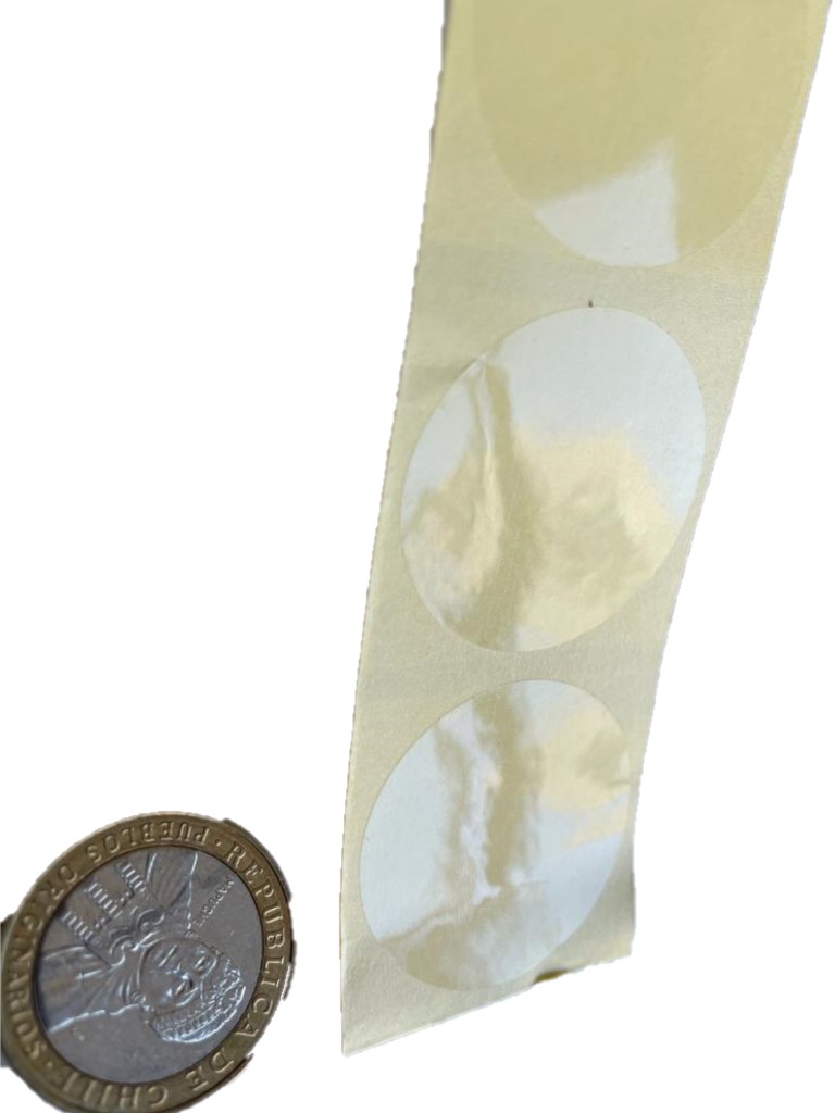 Rollo de Etiquetas Adhesivas Transparentes Plásticas Redondas Diámetro 30mm x 500 unidades.